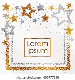 Cards with stars and frame from silver and gold sparkles, glitter and space for text on white background. Vector illustration.