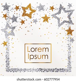 Cards with stars and frame from silver and gold sparkles, glitter and space for text on white background. Vector illustration.