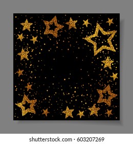 Cards with stars from gold sparkles, glitter and space for text on black background. Vector illustration. Elements for banner, design, logo, web, invitation, business, party.