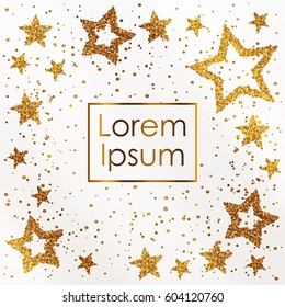 Cards with stars from gold sparkles, glitter and space for text on white background. Vector illustration.