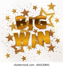 Cards with stars from gold sparkles, glitter and golden lettering Big Win on white background. Vector illustration. Elements for banner, design, logo, web, invitation, business, party.