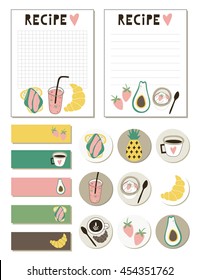 Cards and stickers with foods for recipe book.