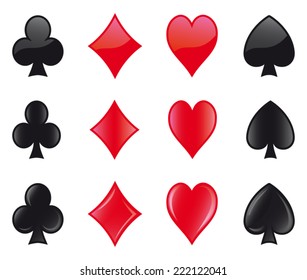 Cards suits icons, three glossy sets (only linear gradients)