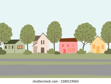 cards with summer city landscapes clipart. Backgrounds scenery with suburban houses, trees, bushes, palms, green grass clip art, Summertime postcard designs with town street, cafe, ice cream truck