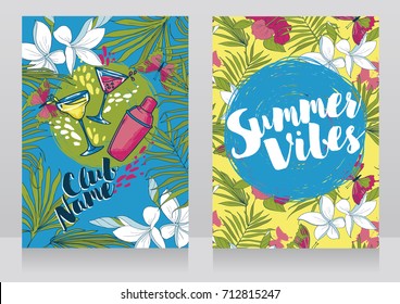 cards for summer cocktail party, invitations in trendy tropical style, happy palette, vector illustration