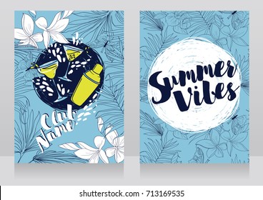 cards for summer cocktail party, invitations in trendy tropical style, blue and yellow colors, vector illustration