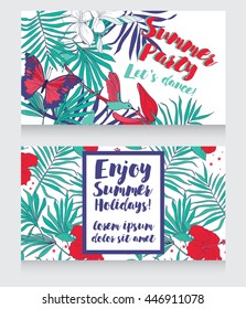 Cards for summer party with tropical decor, vector illustration