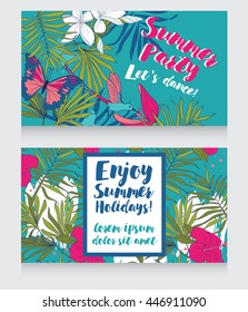 Cards for summer party with tropical decor, vector illustration