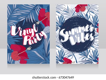 cards for summer vinyl party, disco style invitations in trendy tropical style, twilight palette and purple hibiscus flowers, vector illustration