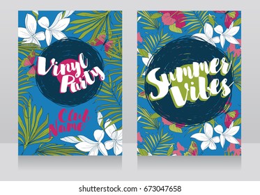 cards for summer vinyl party, disco style invitations in trendy tropical style, fresh summer palette, vector illustration