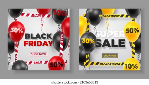 Cards Super Sale, Black Friday with black, red, yellow balloons with percent, barricade tape and text, letters on white background. Vector Holiday illustration for web, design, arts, advertising.