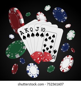 Cards surrounded by playing chips on a dark background. Gambling. Casino. Royal Flush.