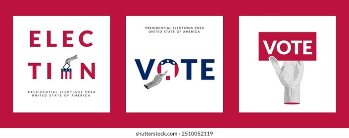 Cards symbolizes the act of voting, emphasizing the themes of democracy and civic duty. Halftone collage of a womens hand. Vector illustration set