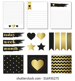 Cards and symbols for organized you planner.  Printable cards. Luxurary style black and gold. Seamless pattern 
