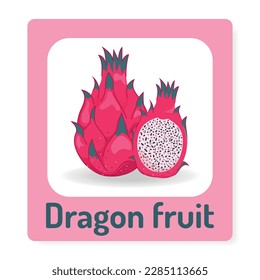 Cards for teaching children with ripe, juicy dragon fruit. Fruit alphabet. Preschool education. Vector illustration.