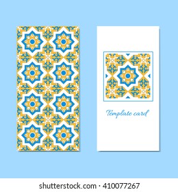 Cards template with blue yellow tiles ornament, geometric pattern. Ornamental decorative design elements for paper print. Template for greeting card, wedding, bridal shower, or birthday invitations.