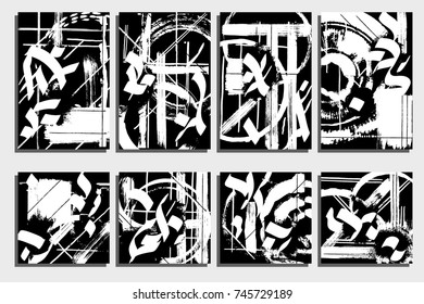 Cards template. Modern monochrome cards with calligraphic elements, kinship of letters and hieroglyphs with blobs. Grunge texture