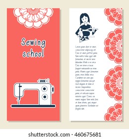 Cards template for sewing school, tailoring shop, shop sewing machines. Icon sewing girl. Vector illustration with front and back side. Set of template for poster, banner, magazine, presentation, logo