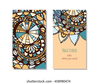 Cards template for studio or class. Yoga retreat. Vector editable pattern with front and back side. Banners set.