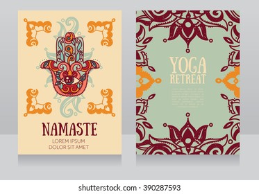 cards template for yoga retreat or yoga studio with hamsa symbol, vector illustration