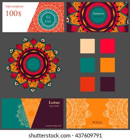 Cards template for yoga studio or class.  Vector editable pattern with gift card and headers or flyer. Banner set for web.