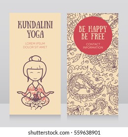 cards template for yoga studio, doodle girl in lotus asana and paisley ornament, vector illustration
