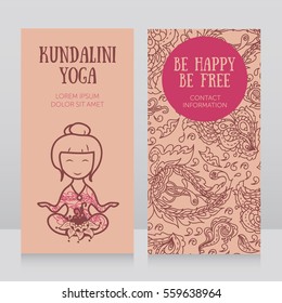 cards template for yoga studio, doodle girl in lotus asana and paisley ornament, vector illustration
