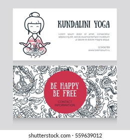 cards template for yoga studio, doodle girl in lotus asana and paisley ornament, vector illustration