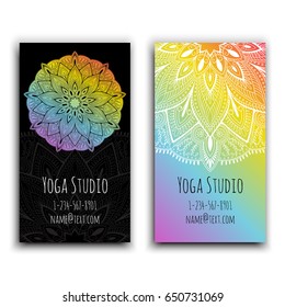 Cards template for yoga studio. Isolated vector editable pattern with front and back side of flyer.
