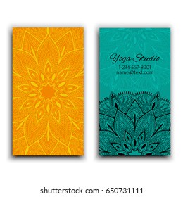Cards template for yoga studio. Isolated vector editable pattern with mandala on front and back side of flyer.