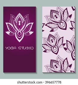 Cards template for yoga studio with lotuses. Yoga vertical vector banner. Business card template for yoga retreat, can be used for Hinduism religious organization. vector illustration