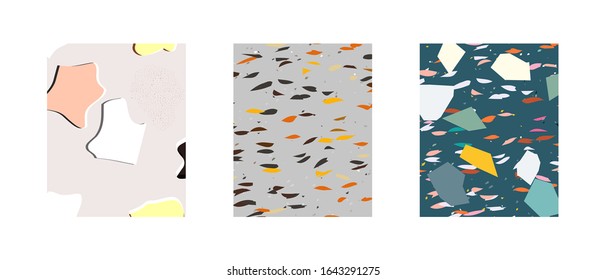 Cards with terrazzo trendy granite fragments creative seamless backdrop. Chaotic stone pieces on white background. Modern marble textile, tile design vector illustration.