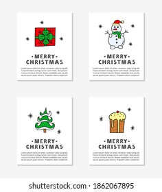 Karten mit Text und süß gefärbten Doodle Weihnachten und Neujahr Symbole wie Schneemann, Tannenbaum, Geschenk, Panetton einzeln auf grauem Hintergrund.