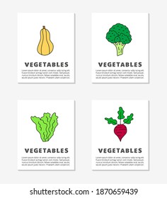 Cards with text and cute doodle colored food vegetable icons including broccoli, butternut, lettuce and beet.