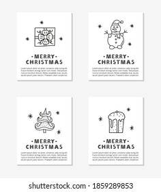 Cards with text and cute outline doodle Christmas and New Year icons including snowman, fir tree, present, panettone isolated on grey background.
