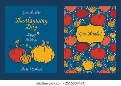 Cards for Thanksgiving Day with cute pumpkins, vector illustration