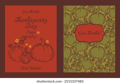 Cards for Thanksgiving Day with cute pumpkins, vector illustration