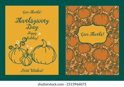 Cards for Thanksgiving Day with cute pumpkins, vector illustration