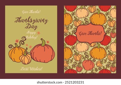 Cards for Thanksgiving Day with cute pumpkins, vector illustration