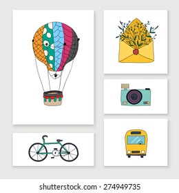 Cards with travel hand draw objects: balloon, bike, bus, camera, letter.