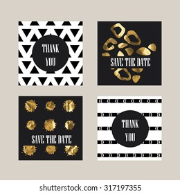 Cards with a trendy hipster print. Set creative cards. Thank you cards.Animal print. Gold tribal print.  Hipster style for invitation