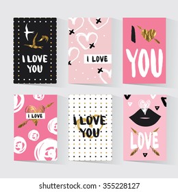 Cards with a trendy hipster print. Set creative cards. Valentine cards. Gold tribal print. Hipster invitation. Trendy gold style perfect for valentines day, birthday, save the date invitation