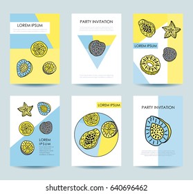 Cards with tropical fruits in memphis style. Design for party, invitations. Vector illustration.