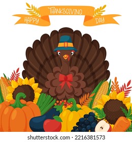 Cards with turkey in a hat surrounded by fruits and vegetables. Pumpkin, sunflower, corn, grape and rowan. Ribbon with words Happy Thanksgiving day. Flat vector illustration with Thanksgiving symbols