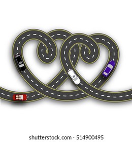Cards for Valentine Day. Trips by car. Two hearts in the form of roads on a white background isolated. 3D. Vector illustration