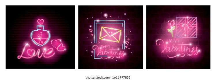 cards of valentine in neon light, valentines day vector illustration design