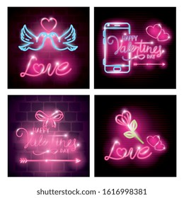 cards of valentine in neon light, valentines day vector illustration design