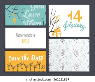 Cards Valentines Day.It contains template design four cards and one blank. decorated with branches, hearts, gifts with ribbons. Dark gray background.