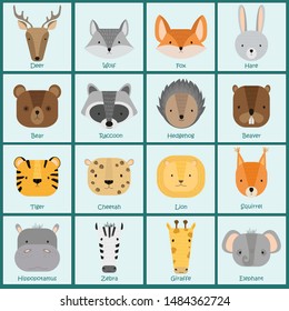 Cards with vector cute forest and jungle animals. Wild cartoon animals: raccoon, deer, squirrel, hedgehog, hare, bear, fox, beaver, wolf, lion, cheetah, tiger, zebra,
elephant, hippopotamus, giraffe.