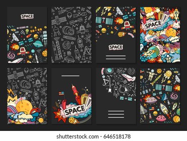 Cards  vector template illustration of space. Moon, planet, rocket, earth, cosmonaut, comet, universe. Classification, milky way. Cosmos.
